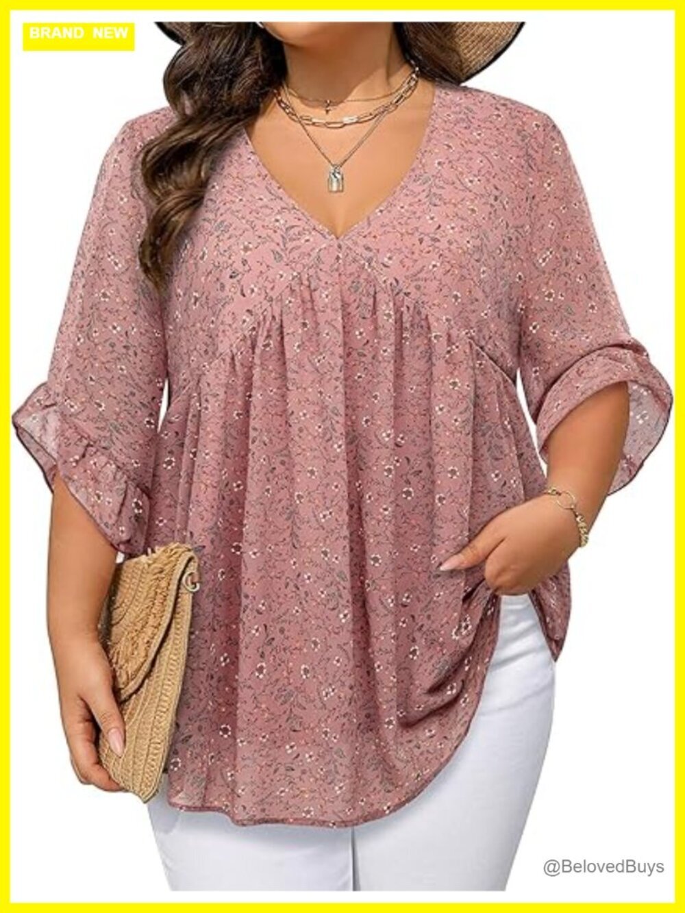 Plus Size Tunic Top 3/4 Ruffle Sleeve V-Neck Chiffon Blouse Babydoll Tunic